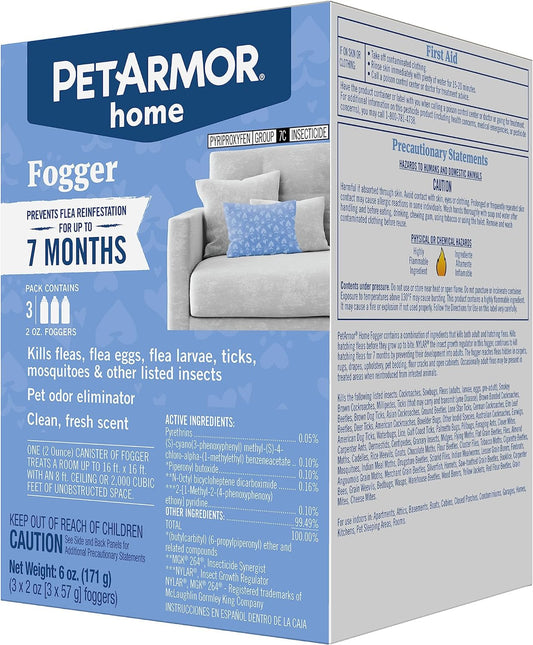 Petarmor Home Fogger, Kills Fleas, Ticks, Mosquitoes & Other Listed Insects, Helps Eliminate Pet Odor, Clean Fresh Scent, Protects for 7 Months, 3 2Oz Canisters