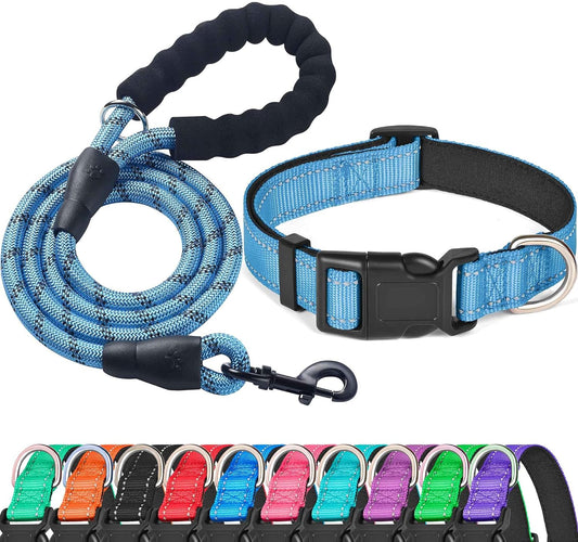 Reflective Dog Collar Padded with Soft Neoprene Breathable Adjustable Nylon Dog Collars for Small Medium Large Dogs (Large (Pack of 1), Vivid Blue Collar+Leash)