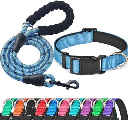 Reflective Dog Collar Padded with Soft Neoprene Breathable Adjustable Nylon Dog Collars for Small Medium Large Dogs (Medium (Pack of 1), Vivid Blue Collar+Leash)