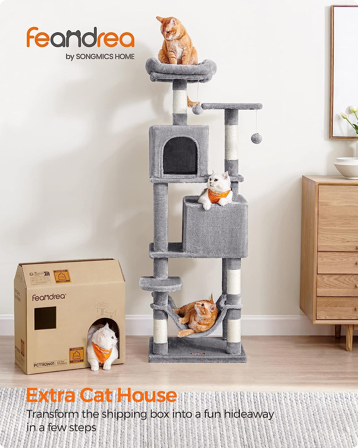 Feandrea Cat Tree, 61-Inch Cat Tower for Indoor Cats, Plush Multi-Level Cat Condo with 5 Scratching Posts, 2 Perches, 2 Caves, Hammock, 2 Pompoms, Light Gray UPCT192W01