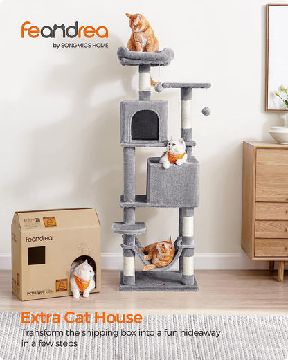 Feandrea Cat Tree, 61-Inch Cat Tower for Indoor Cats, Plush Multi-Level Cat Condo with 5 Scratching Posts, 2 Perches, 2 Caves, Hammock, 2 Pompoms, Light Gray UPCT192W01