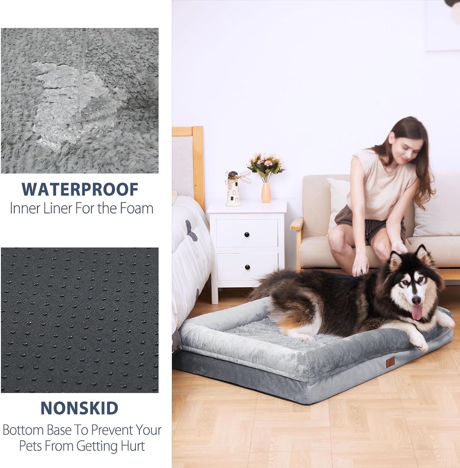 Extra Large Dog Bed, Dark Grey Orthopedic Dog Bed, Washable Dog Bed with [Removable Bolster], Waterproof Dog Bed with Nonskid Bottom, Pet Bed, XL Dog Bed