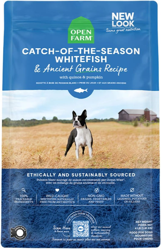 Open Farm Ancient Grains Dry Dog Food, Humanely Raised Meat Recipe with Wholesome Grains and No Artificial Flavors or Preservatives (Catch-Of-The-Season Whitefish Ancient Grain, 4 Pound (Pack of 1))