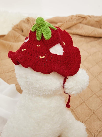 QWINEE Cartoon Strawberry Design Knit Cute Dog Hat Soft Cat Hat Rabbit Hat Halloween Christmas Party Costume Head Wear Accessories for Puppy Cat Kitten Small Dogs Small Animals Solid Red S