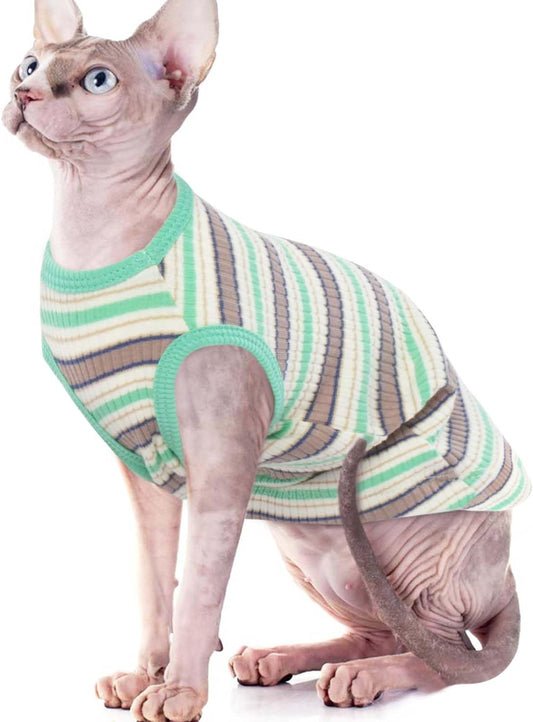 ROZKITCH Sphynx Cat Clothes, Soft Hairless Cat Shirt Stretchy Cat Sweater, Pullover Stripe Cat Pajamas, Cat Vest for Cornish Rex, Devon Rex, Peterbald Kitten Puppy Small Dog All Seasons Green S