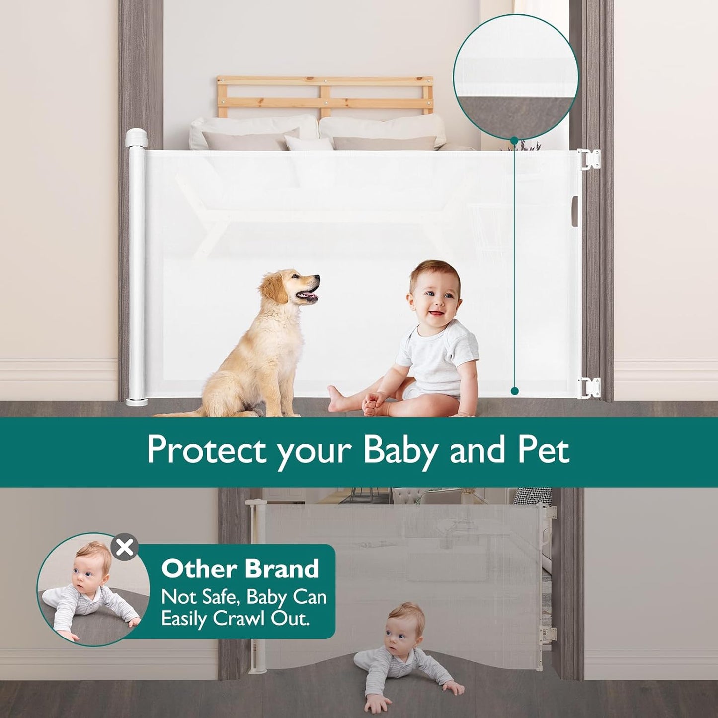 YOOFOR Retractable Baby Gate, Extra Wide Safety Kids or Pets Gate, 33” Tall, Extends to 71” Wide, Mesh Safety Dog Gate for Stairs, Indoor, Outdoor, Doorways, Hallways (White, 33"X71")