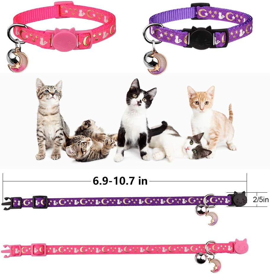 2PCS Breakaway Cat Collars with Bell Cute Kitty Glow in the Dark Adjustable Kitten Collars 7.9-13.0 Inch(Purple&Black)