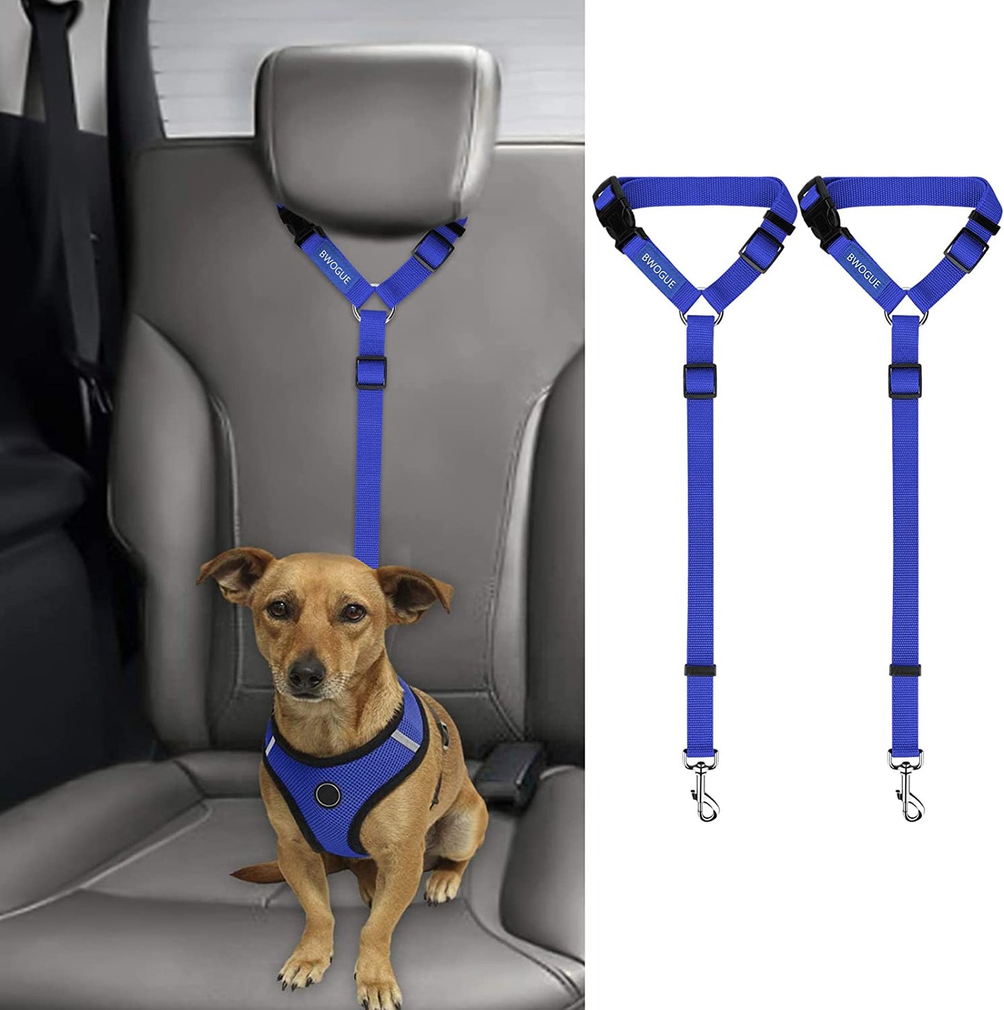 BWOGUE 2 Packs Dog Cat Safety Seat Belt Strap Car Headrest Restraint Adjustable Nylon Fabric Dog Restraints Vehicle Seatbelts Harness Dark Blue