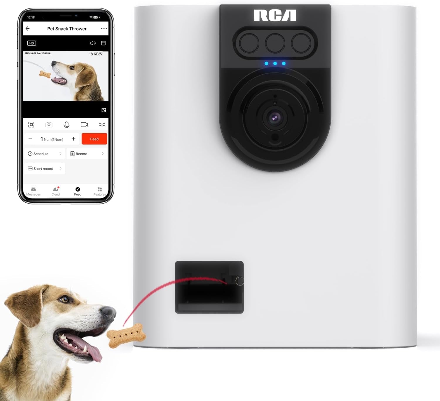 RCA Dog & Cat Smart Camera Treat Dispenser, Wifi-Enabled, 1080P HD Camera, Two-Way Audio, App Control, Compatible with Alexa & Google Assistant – for Small Treats & Kibble