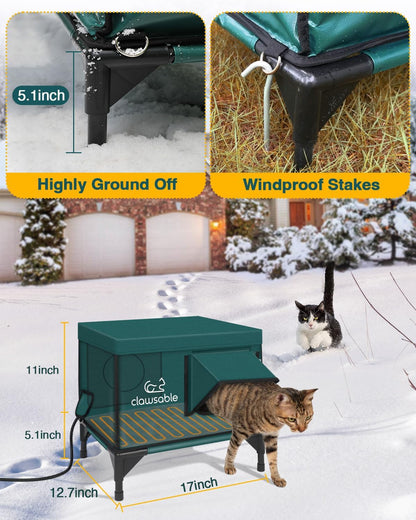 Clawsable Premium Heated Cat House for Outside in Winter, Elevated, 100% Waterproof, Safe Escape Door, Insulated Outdoor Feral Cat Shelter w/Heater for Stray Kitty