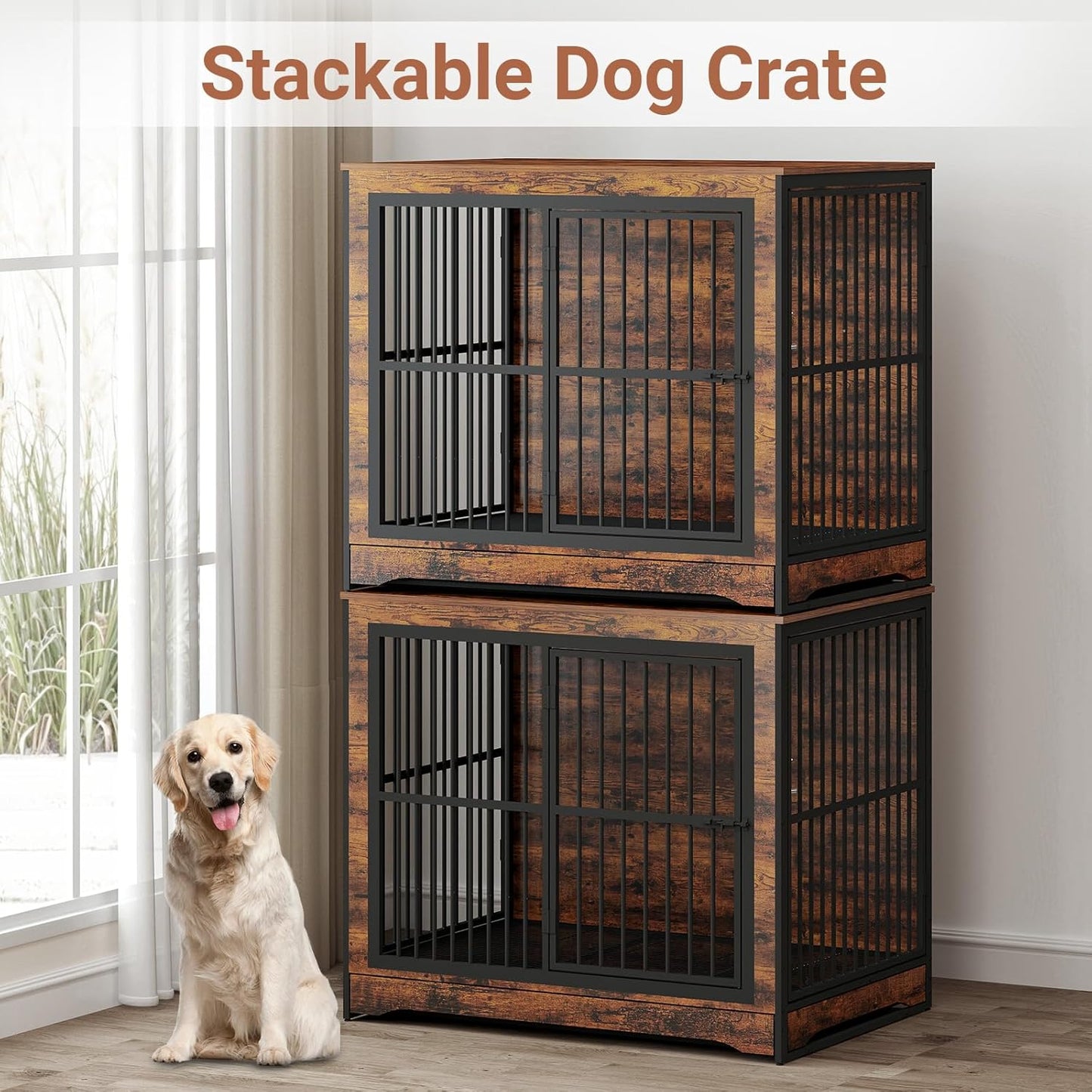 86 Inch DIY Double Dog Crate Furniture, 4 Combination Forms Large Dog Kennel Furniture with Divider and Trays, Rustic Brown Corner Double Dog Crate for 2 Dogs