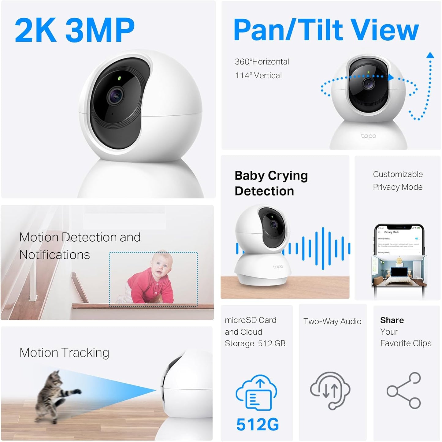 TP-Link Tapo 2K Pan/Tilt Security Camera for Baby Monitor, Dog Camera w/Motion Detection, 2-Way Audio, Siren, Night Vision, Cloud & SD Card Storage, Works with Alexa & Google Home, 2-Pack (C210P2)