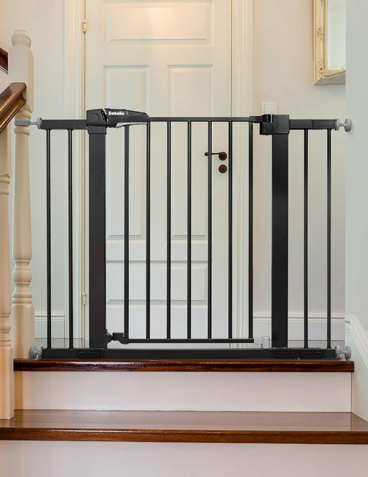 Babelio Metal Baby Gate, 29-43'' Auto Close Easy Install Pet Gate, Extra Wide Walk Thru Child Safety Gate, 30'' Tall Pressure Mounted Dog Gate for Doorways & Stairs, Black