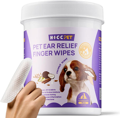 Ear Finger Wipes for Dogs & Cats - Gently Remove Ear Wax, Debris - Sooths & Deodorizes - Relieve Ear Itching & Inflammation, Fresh Coconut Scent, All Natural Ingredients - 100 Count