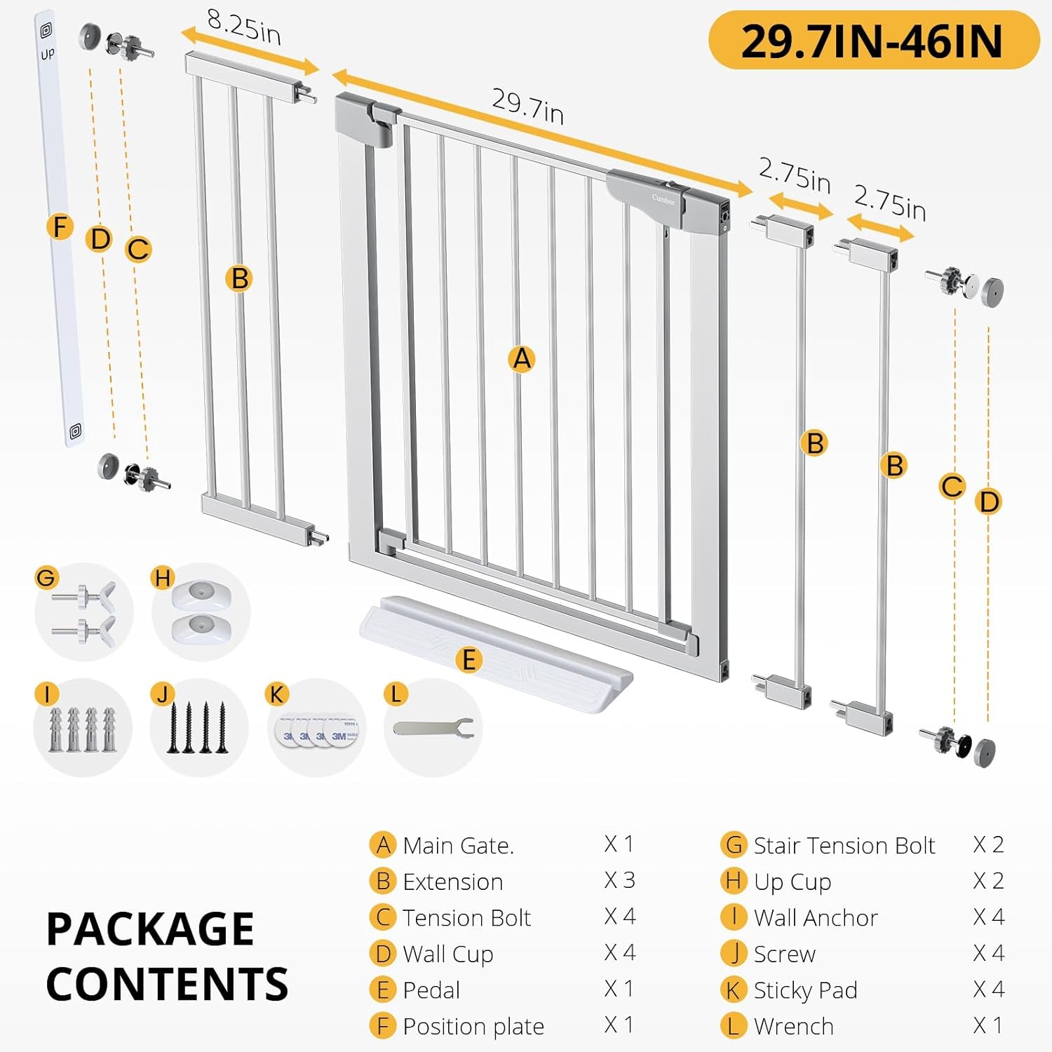 Cumbor 29.7-46" Baby Gate for Stairs, Mom's Choice Awards Winner-Auto Close Dog Gate for the House, Easy Install Pressure Mounted Pet Gates for Doorways, Easy Walk Thru Wide Safety Gate for Dog,Silver