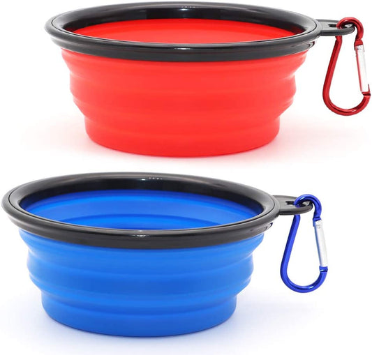 Dog Bowl Pet Collapsible Bowls, 2 Pack Collapsible Dog Water Bowls for Cats Dogs, Portable Pet Feeding Watering Dish for Walking Parking Traveling with 2 Carabiners (Small, Blue+Red)