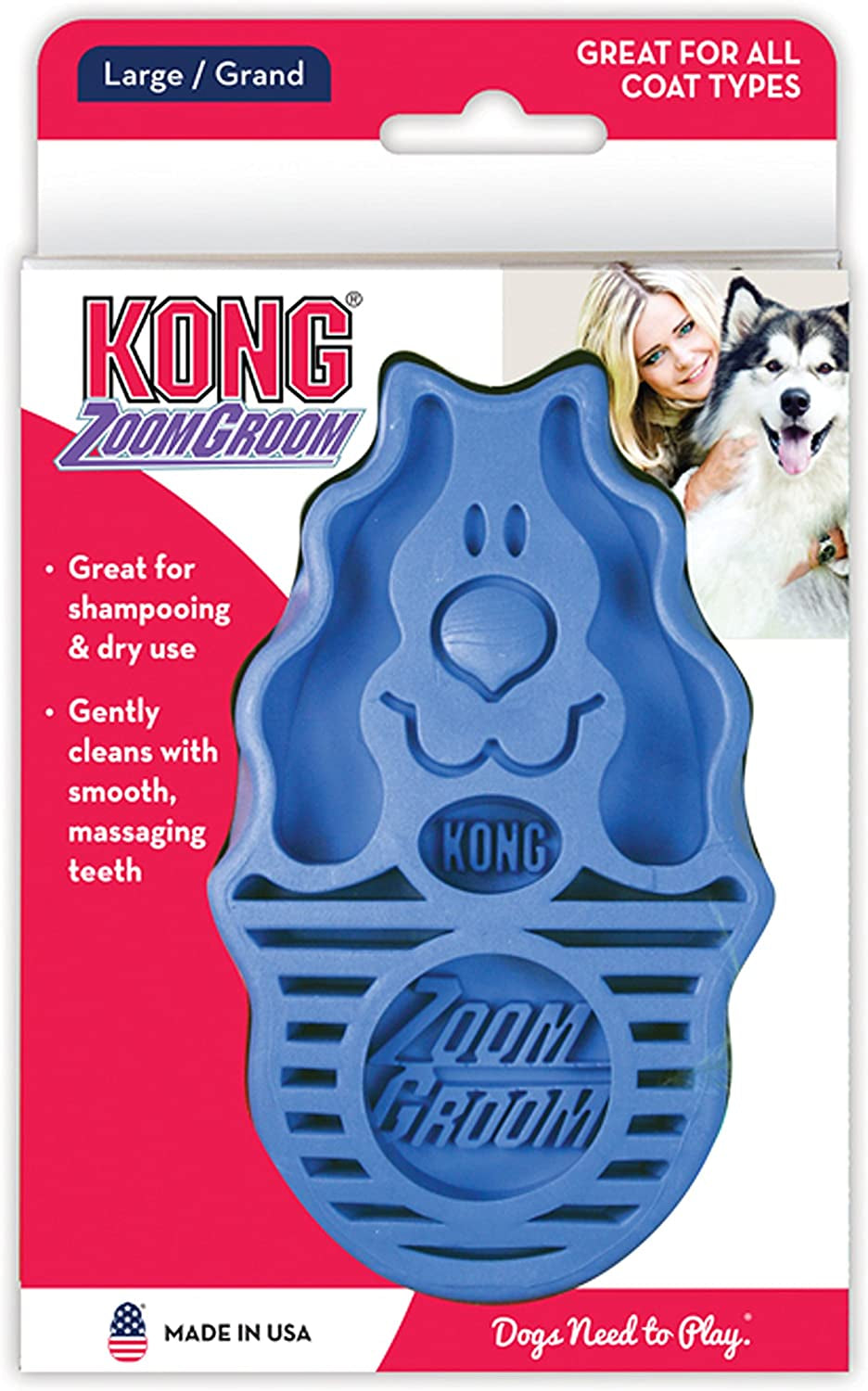 KONG - ZoomGroom - Dog Brush for Grooming and Shampooing - Blue Brush for Large Dogs