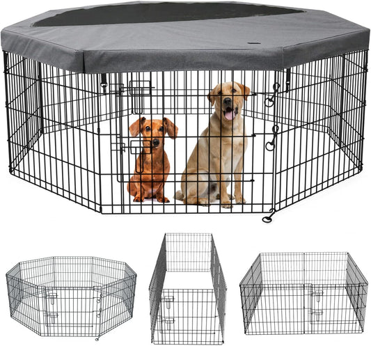 PETIME Foldable Metal Dog Exercise Pen/Pet Puppy Playpen Kennels Yard Fence Indoor/Outdoor 8 Panel 24" W X 30" H with Top Cover (With Top Cover, 8 Panels 30" H)