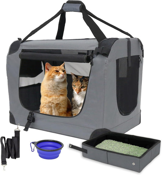 Large Cat Carrier 24"X16.5"X16.5" Soft-Sided Portable Pet Crate for Car Traveling with Collapsible Litter Box and Bowl