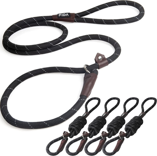 Fida Durable Slip Lead Dog Leash Bulk Pack of 5, Heavy Duty 1/2" X 6 FT Comfortable Strong Rope Slip Leash for Large, Medium & Small Dogs No Pulling Pet Training Leash with Highly Reflective (Black)