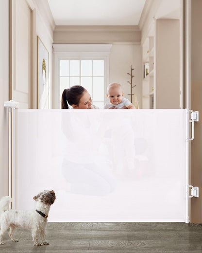 Cumbor Retractable Baby Gates for Stairs, Family & Mom'S Choice Awards Winner-Extends up to 55" Wide Mesh Dog Gate for the House, 34" Tall Safety Gates for Doorways,Pet Gate Indoor & Outdoor, White