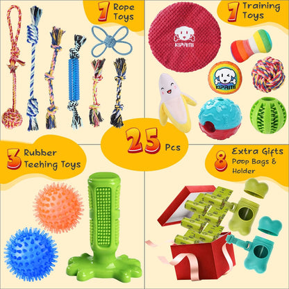 KIPRITII Puppy Toys for Dog Teething -25 Pack Various Puppy Dog Chew Toys with Rope Toys, Dog Treat Balls & Dog Squeaky Toy for Puppy and Small Dogs