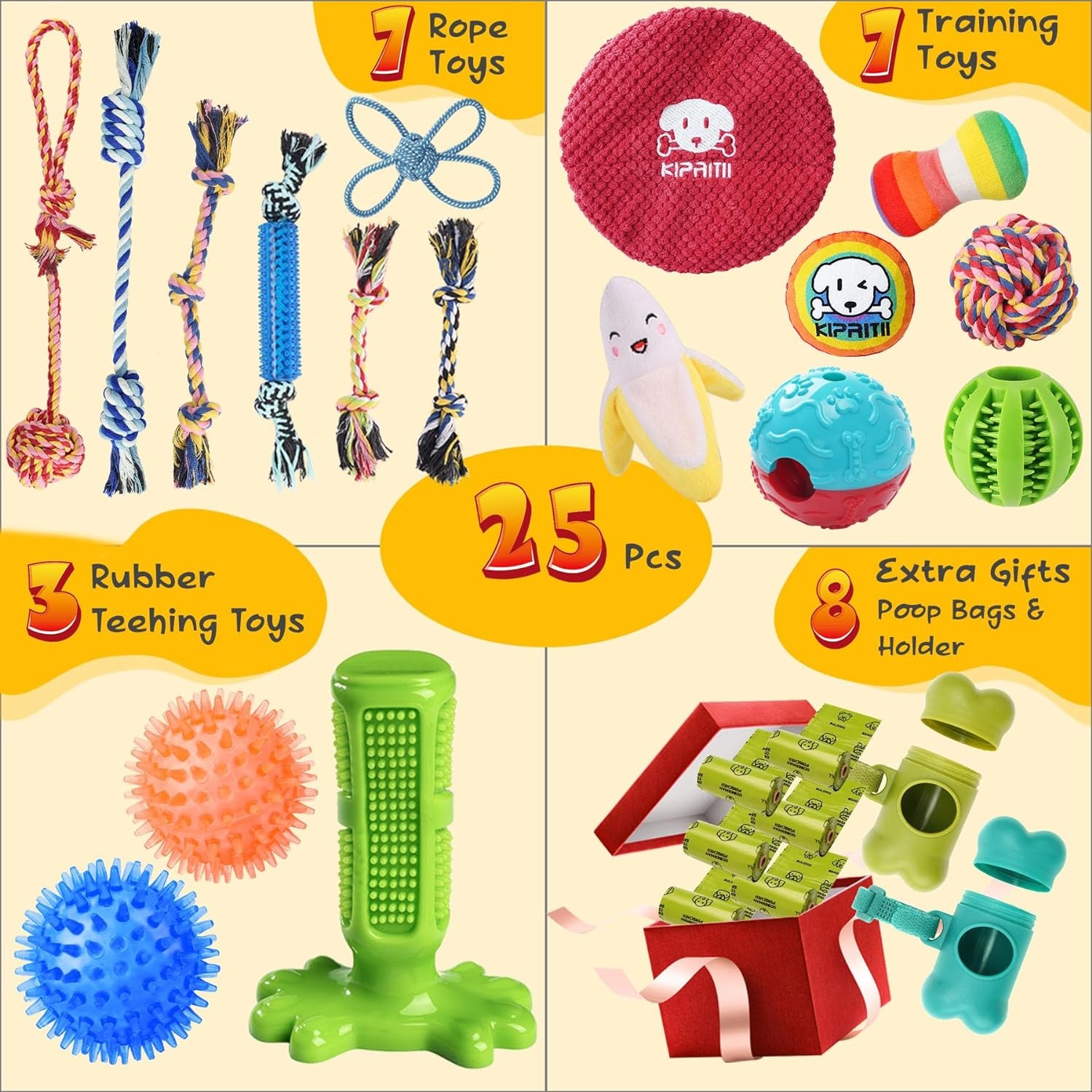 KIPRITII 25 Pack Dog Chew Toys for Puppy - Puppy Teething Chew Toys for Boredom, Pet Dog Toothbrush Chew Toys with Rope Toys, Treat Balls and Dog Squeaky Toy for Puppy and Small Dogs