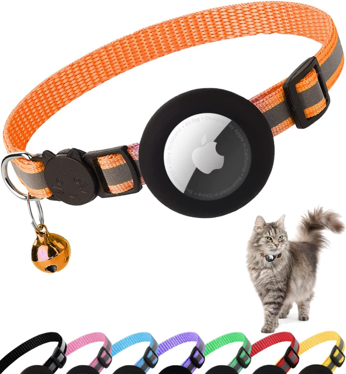 Airtag Cat Collar Breakaway, Reflective Kitten Collar with Apple Air Tag Holder and Bell for Girl Boy Cats, 0.4 Inches in Width and Lightweight(Orange)