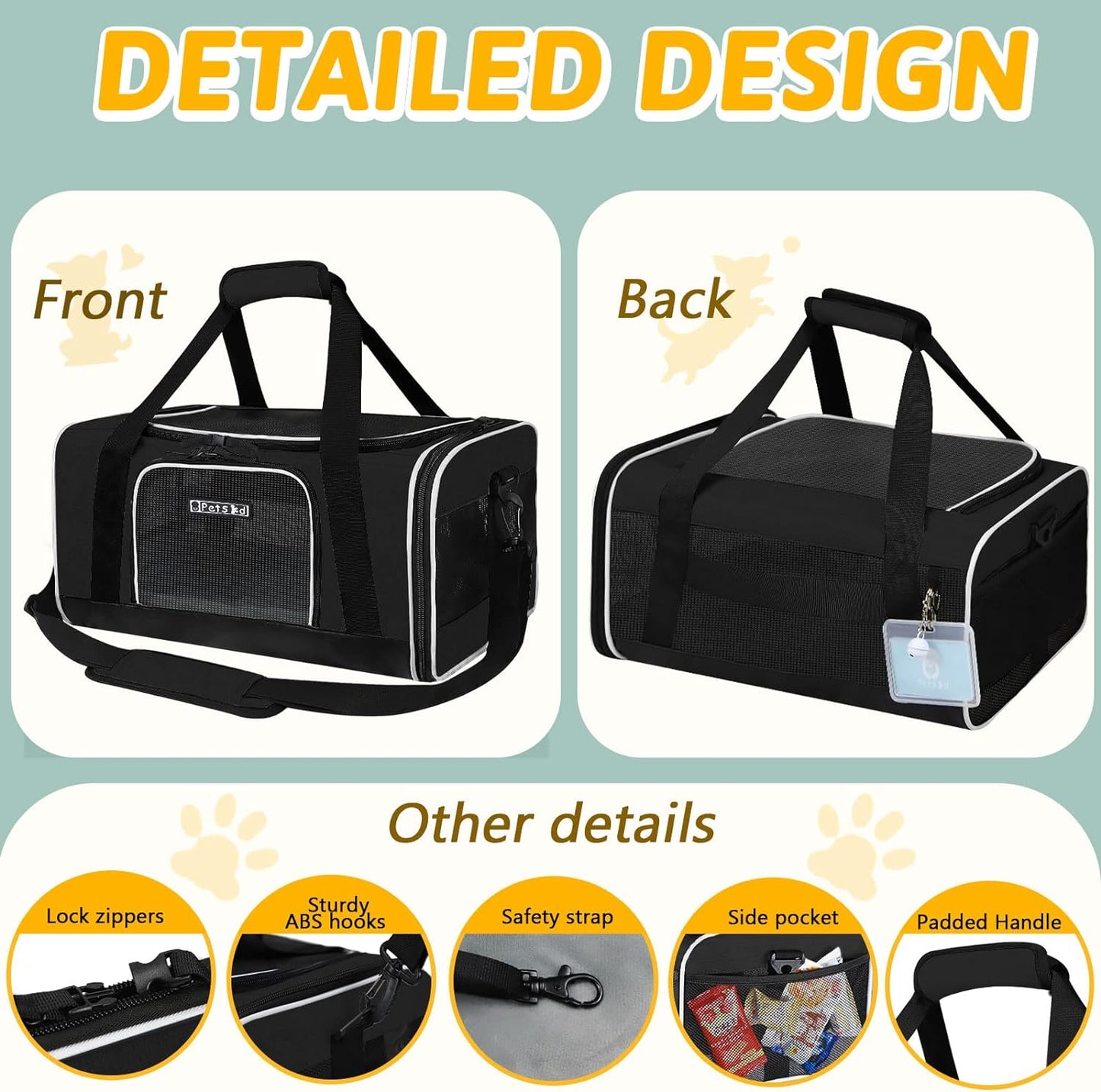 Pet Carrier with Wheels 18X12X8.5 Jetblue Allegiant Airline Approved, Soft Dog Carrier for 1-12 LBS Pets with Safety Lock Zipper(Black)