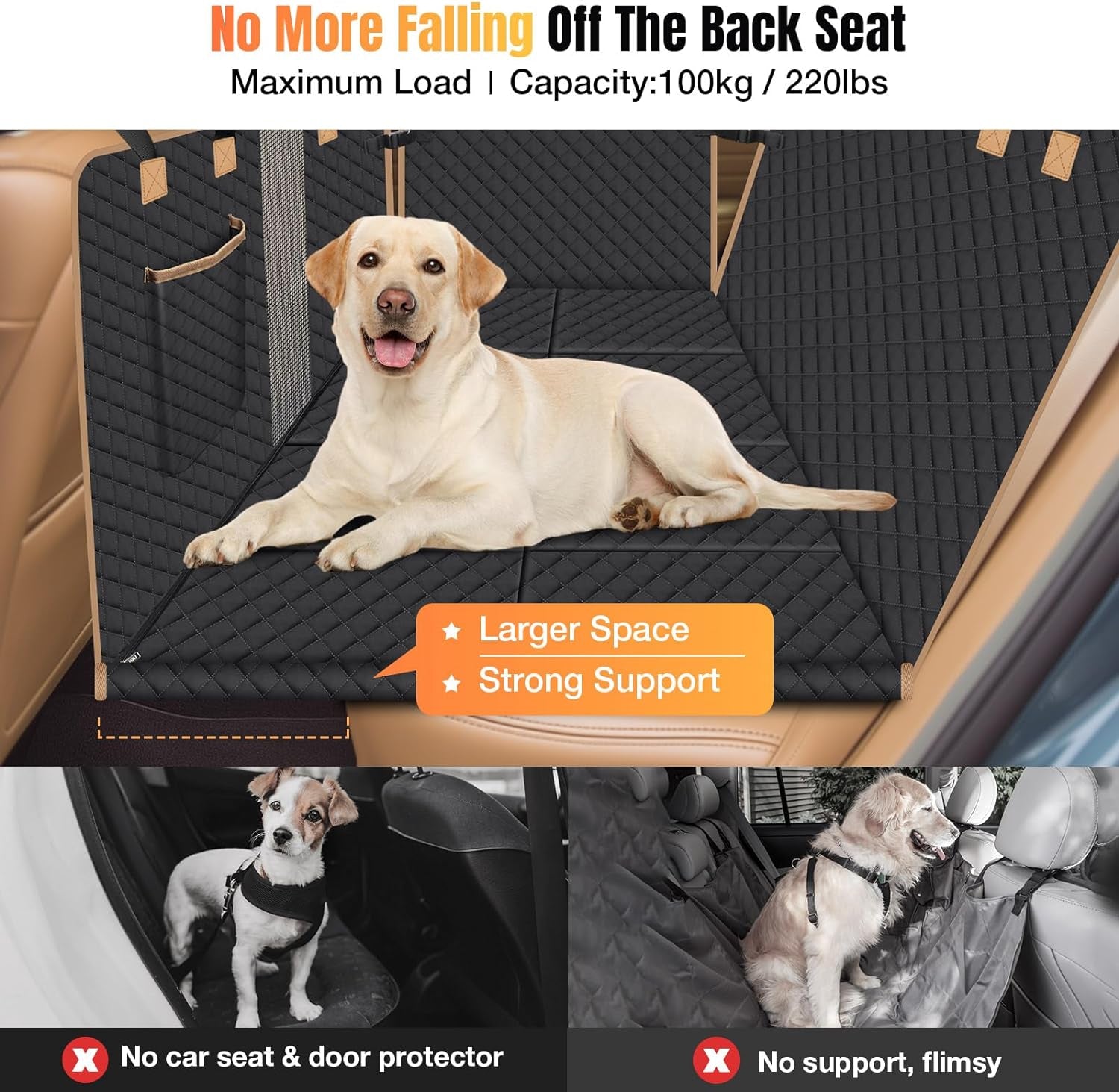 Dog Car Seat Cover for Back Seat, Larger Dog Car Bed Cover with Strong Bottom, Car Back Seat Extender for Dogs, Dog Hammock for Car SUV Truck, Black Footprint
