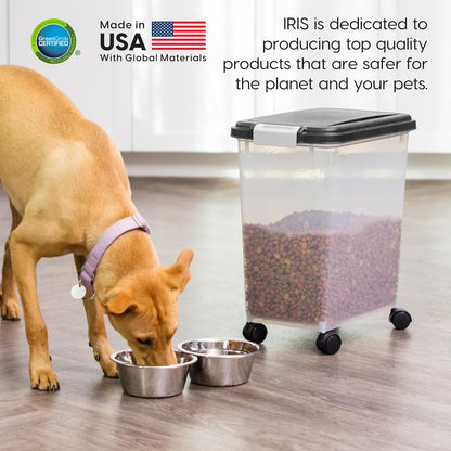 IRIS USA Weatherpro Airtight Dog Food Storage Container, up to 54 Lbs, Attachable Wheels, for Dog Cat Bird and Other Pet Food Storage Bin, Keep Fresh, Translucent Body, Easy Mobility, Black