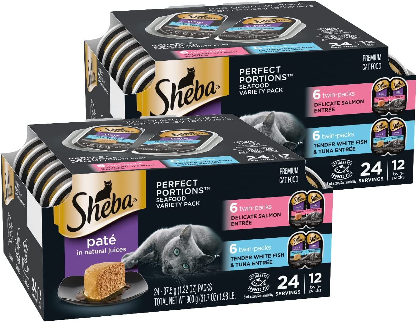 SHEBA Perfect Portions Cuts in Gravy Wet Cat Food Trays (24 Count, 48 Servings), Delicate Salmon and Tender Whitefish & Tuna Entrée, Easy Peel Twin-Pack Trays, (Pack of 2)