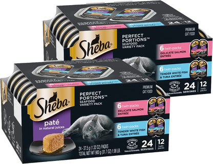 SHEBA Perfect Portions Cuts in Gravy Wet Cat Food Trays (24 Count, 48 Servings), Delicate Salmon and Tender Whitefish & Tuna Entrée, Easy Peel Twin-Pack Trays, (Pack of 2)