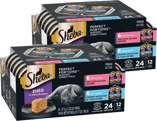 SHEBA Perfect Portions Cuts in Gravy Wet Cat Food Trays (24 Count, 48 Servings), Delicate Salmon and Tender Whitefish & Tuna Entrée, Easy Peel Twin-Pack Trays, (Pack of 2)