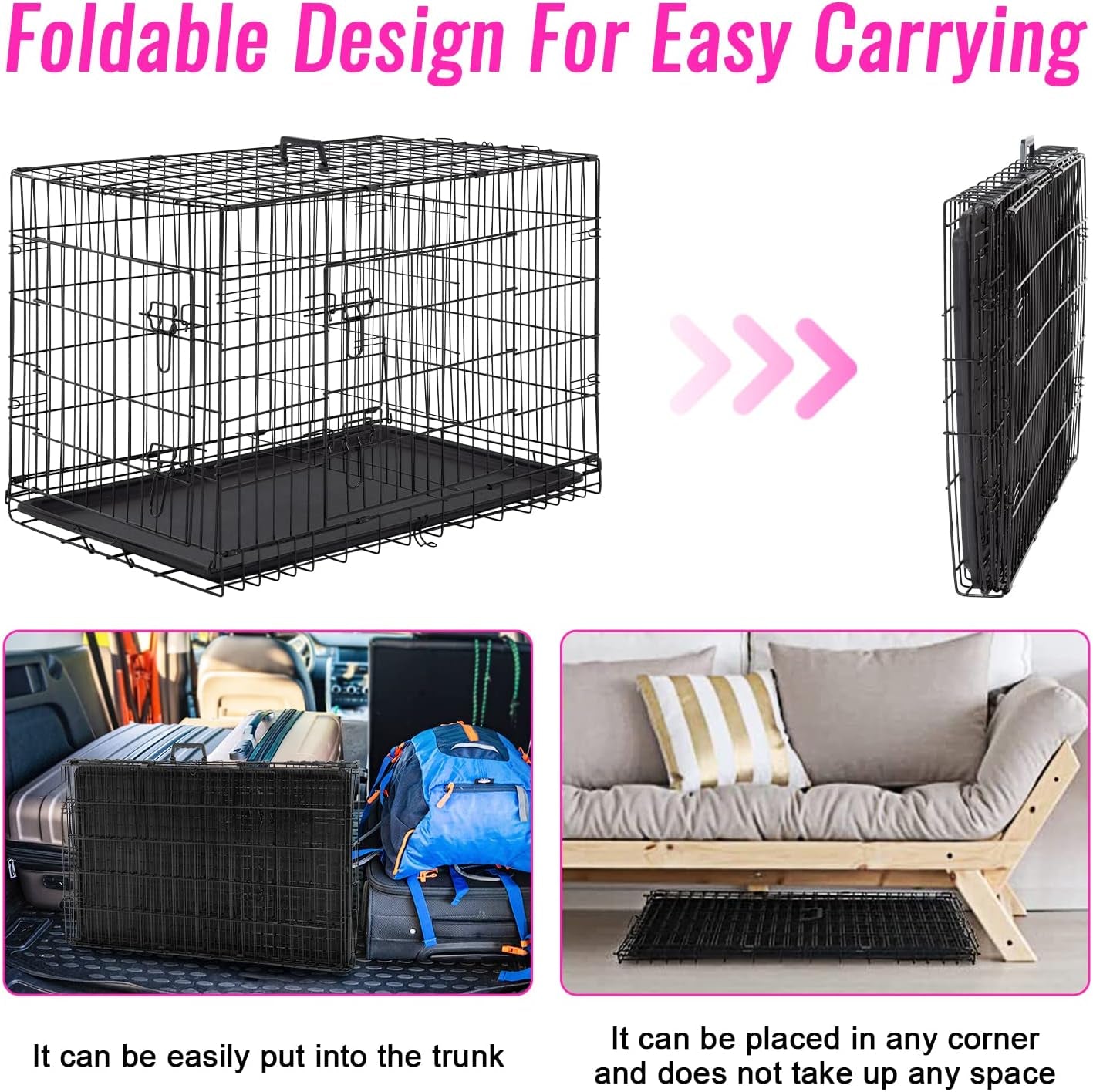 FDW Dog Crate Dog Cage Pet Crate for Large Dogs Folding Metal Pet Cage Double Door W/Divider Panel Indoor Outdoor Dog Kennel Leak-Proof Plastic Tray Wire Animal Cage (Black, 48 Inch)