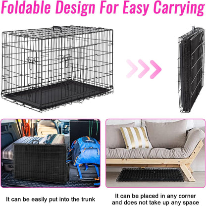 FDW Dog Crate Dog Cage Pet Crate for Large Dogs Folding Metal Pet Cage Double Door W/Divider Panel Indoor Outdoor Dog Kennel Leak-Proof Plastic Tray Wire Animal Cage (Black, 42 Inch)