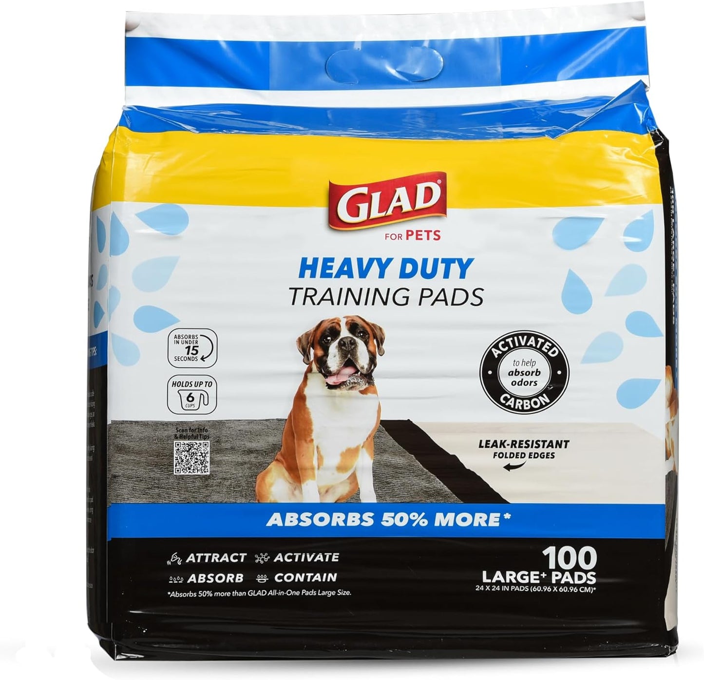 Glad for Pets Heavy Duty Activated Carbon Training Pads, 24" X 24" 100Ct | Ultra Absorbent Training Pads - Absorbs 50% More than Standard Pad in Same Size; Heavy Duty Puppy Potty Training Pads