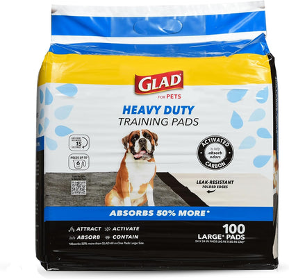 Glad for Pets Heavy Duty Activated Carbon Training Pads, 24" X 24" 100Ct | Ultra Absorbent Training Pads - Absorbs 50% More than Standard Pad in Same Size; Heavy Duty Puppy Potty Training Pads