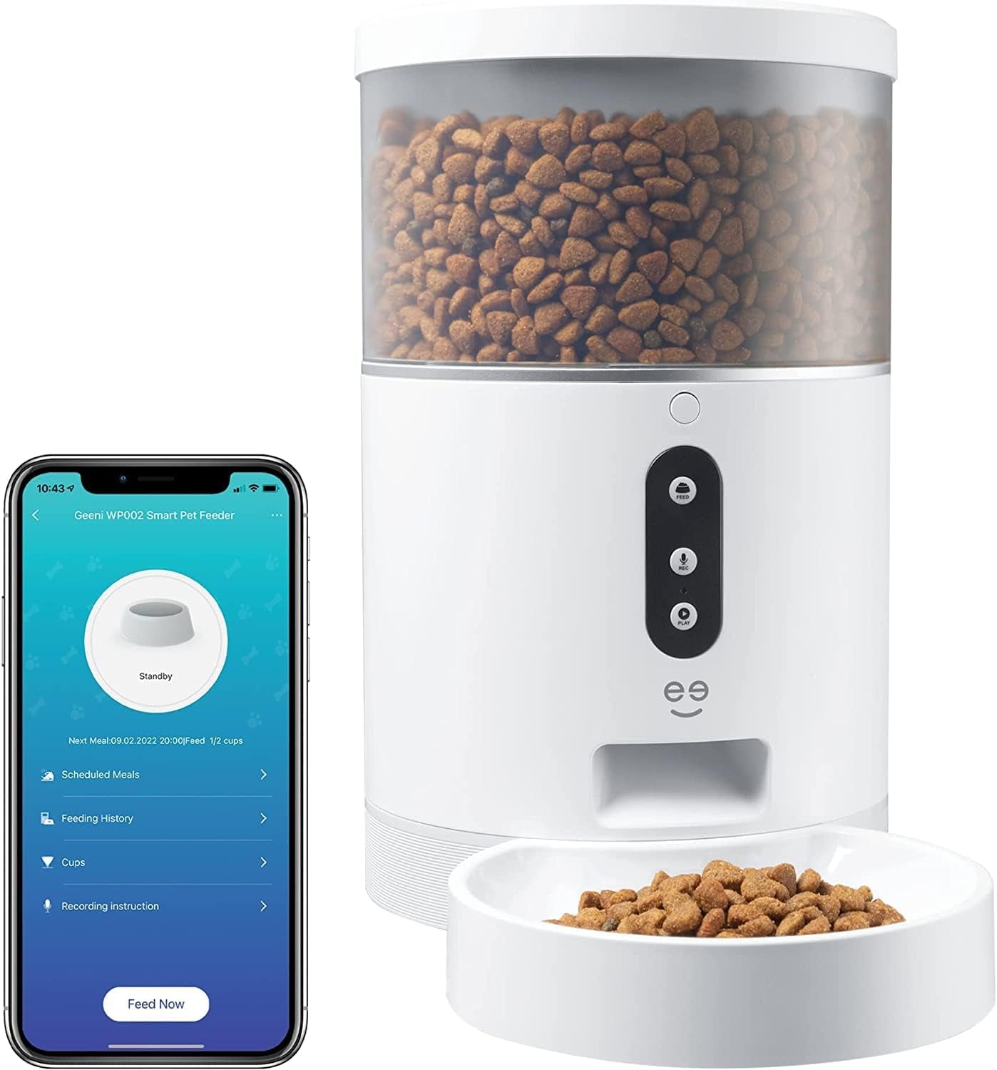 Geeni Smart Feeder, 4 Liter Automatic Pet Dog and Cat Feeder, Wi-Fi Control Compatible with Alexa and Google Home