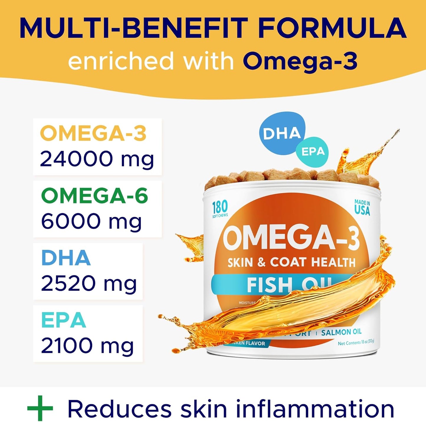 Omega 3 Fish Oil for Dogs (180 Ct) - Skin & Coat Chews - Dry & Itchy Skin Relief + Allergy Support - Shiny Coats - EPA&DHA Fatty Acids - Natural Salmon Oil Chews Promotes Heart, Hip & Joint Support