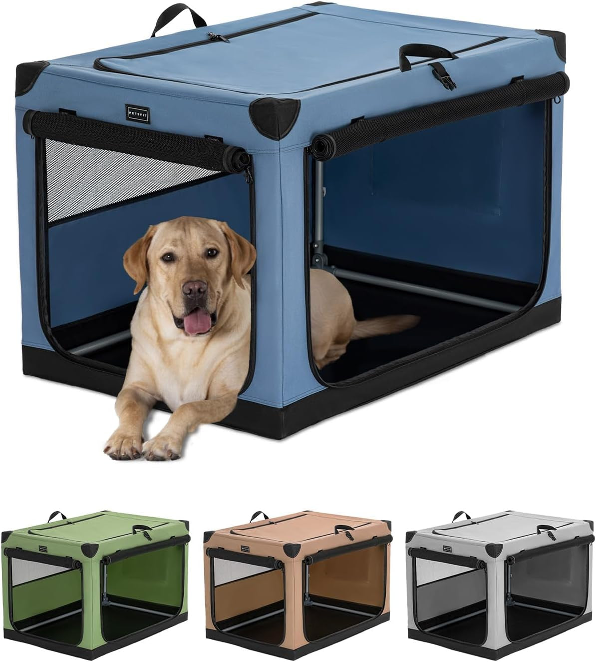 Petsfit 36 Inch Portable Dog Kennel, Adjustable Fabric Cover by Spiral Iron Pipe, Chew Proof 3 Door Design, Soft Collapsible Dog Crate Blue