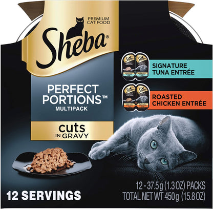 Sheba Perfect Portions Multipack Cuts in Gravy, Signature Tuna Entree, Roasted Chicken Entree (12- Individual Serving) (3-Double Trays of Each)