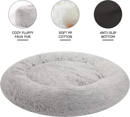 Bedfolks Calming Donut Dog Bed, 45 Inches Round Fluffy Dog Beds for Extra Large Dogs, Anti-Anxiety Plush Dog Bed, Washable Pet Bed with Non-Slip Bottom (Light Grey, Extra Large)