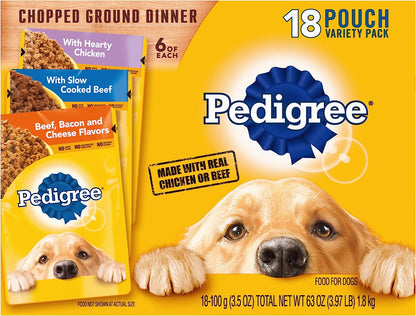 PEDIGREE CHOPPED GROUND DINNER Adult Soft Wet Dog Food Variety Pack, 3.5 Ounce (Pack of 18)