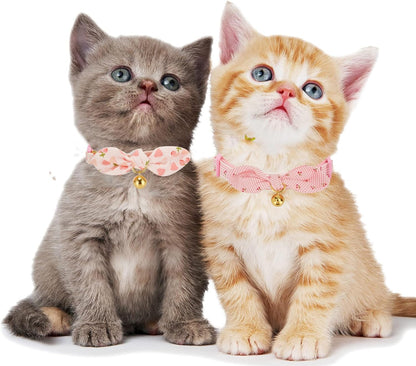 Cotton Bowtie Cat Collar with Bell 2 Pack Stylish Floral Breakaway Kitten Collars with Removeable Knot Bow,Blue & Pink