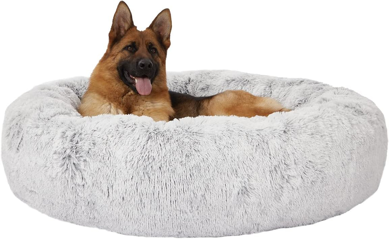 Bedfolks Calming Donut Dog Bed, 45 Inches Round Fluffy Dog Beds for Extra Large Dogs, Anti-Anxiety Plush Dog Bed, Washable Pet Bed with Non-Slip Bottom (Light Grey, Extra Large)