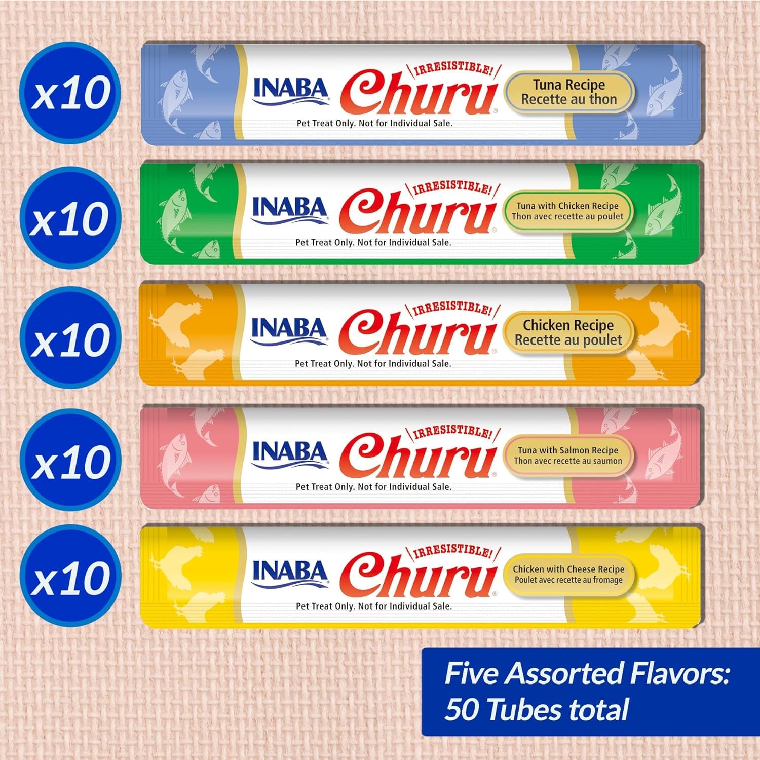 INABA Churu Cat Treats, Lickable, Squeezable Creamy Purée Cat Treat with Green Tea Extract & Taurine, 0.5 Ounces Each Tube, 50 Tubes, Tuna & Seafood Variety