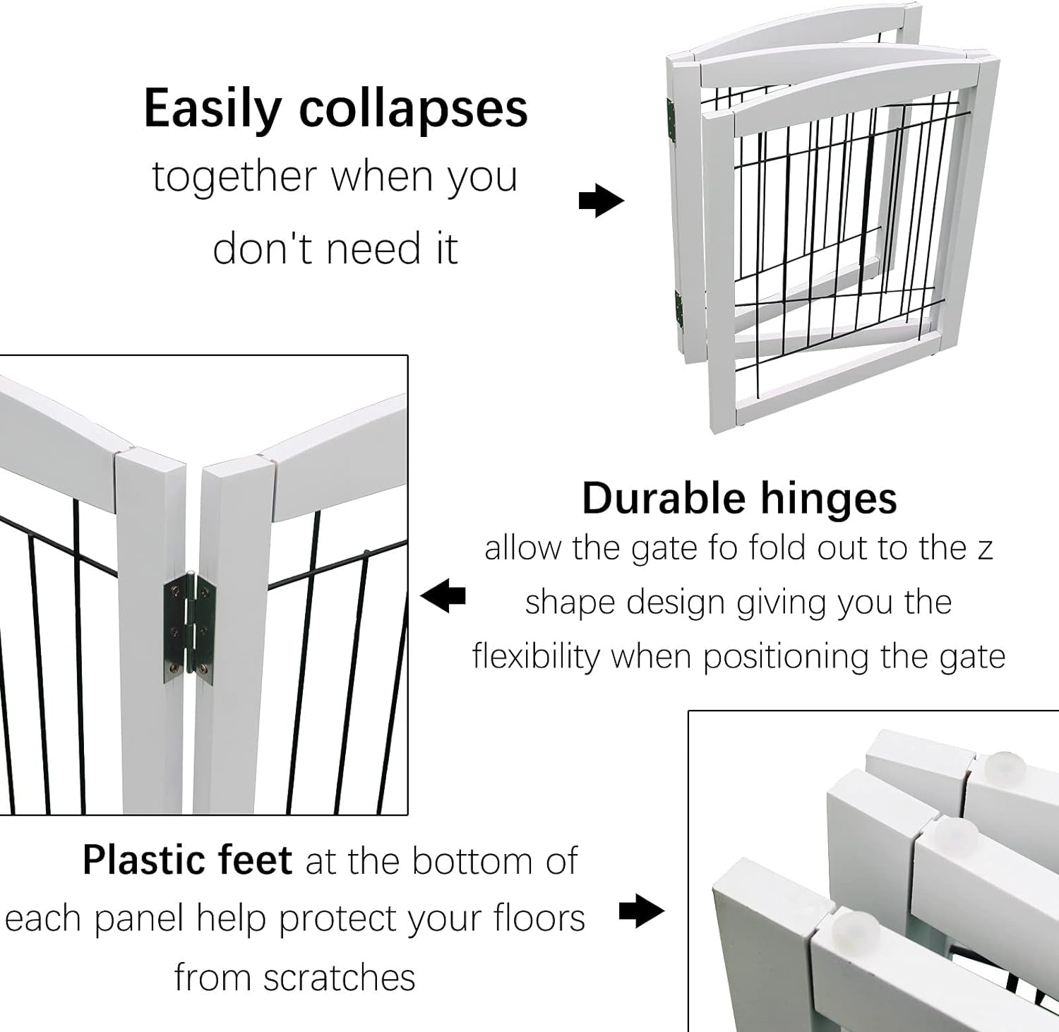 Foldable Indoor Dog Gate for House Freestanding Dog Gates with Door Walk through Wooden Extra Wide White Indoor Puppy Gate 4 Panels Tall Pet Gate Dog Fence 24''H