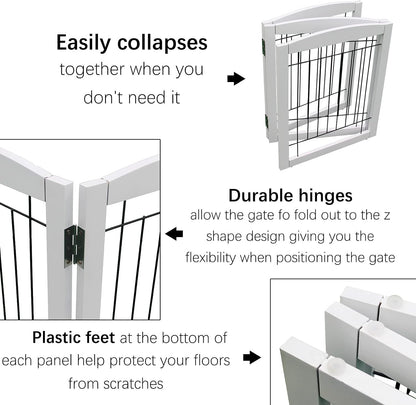 Foldable Indoor Dog Gate for House Freestanding Dog Gates with Door Walk through Wooden Extra Wide White Indoor Puppy Gate 4 Panels Tall Pet Gate Dog Fence 24''H