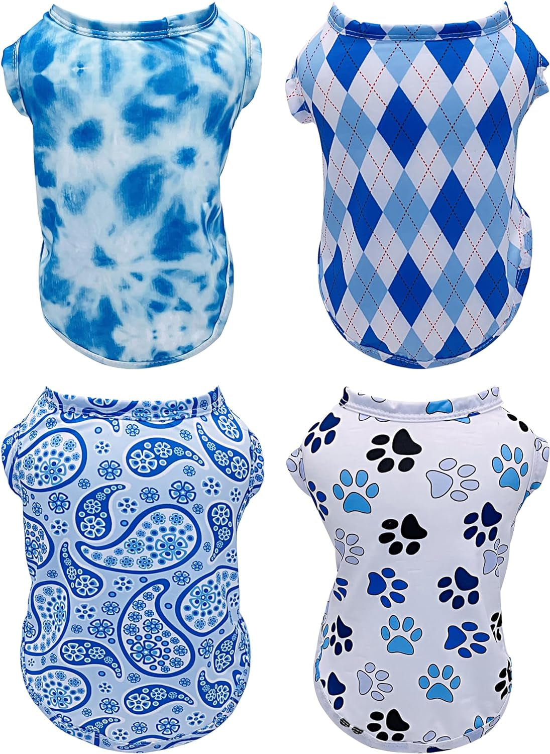 PET SHOW 4 Pack Cooling Dog Shirts Puppy Summer Clothes Paisley Vest Paw Printed Sleeveless Cats Doggies Tie Dye T-Shirts Plaid Tank Top Tee for Medium Large Dogs (XXL, Blue for Boys)